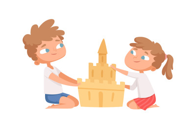 Sand castle. Boy girl build home on beach. Cartoon children playing on