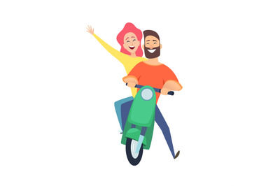 Scooter ride. Happy woman man riders. Cute cartoon couple on date. Mal