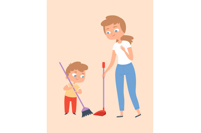 Sweep the floor. Mother and son with broom. Family time, cleaning home