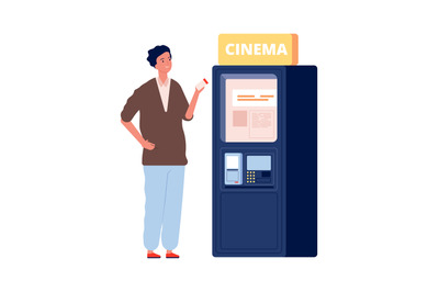 Ticket vending machine. Man buy card, cinema time. Flat movie theater