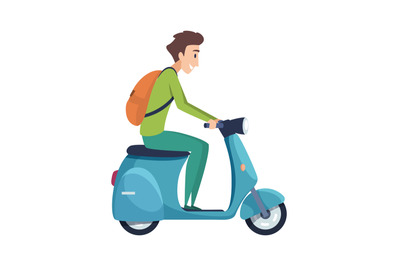 Young man on scooter. Student ride motorcycle, tourist with backpack d