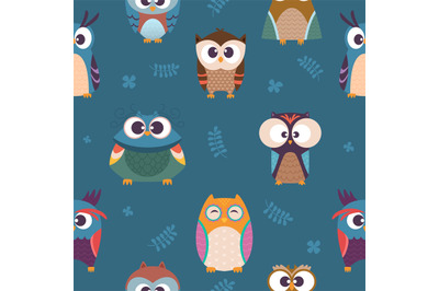 Owl pattern. Kids seamless wallpaper wild night colored birds with fea