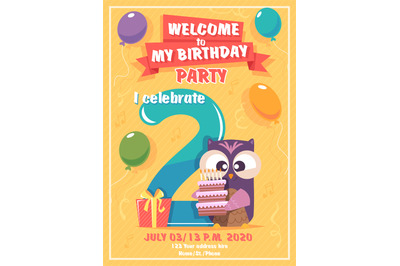 Birthday invitation. Kids poster with owls funny characters vector pla