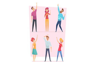 Looking up. People pointing in sky group of happy characters vector il