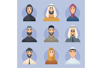 Muslim avatars. Arabic male and female characters front view portraits