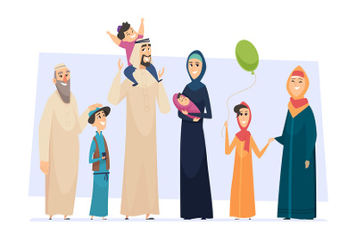 Arabic family. Male and female muslim happy persons father mother kids