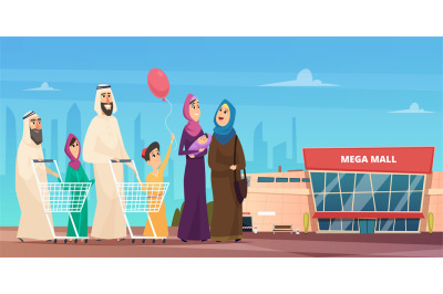 Arabic family shopping. Muslim happy characters going to market saudi