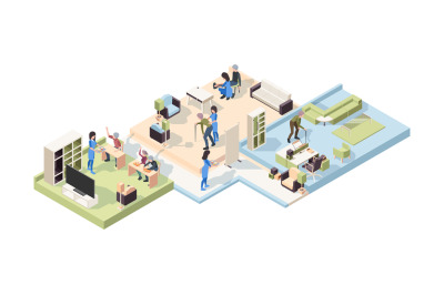 Nursing home isometric. Elderly male and female characters lifestyle h