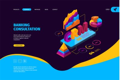 Crm isometric. Business landing page with organization tools and graph