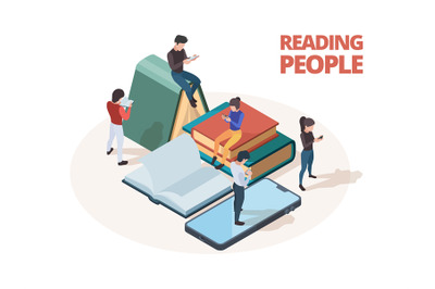 Reading people. Study persons with books newspapers and smartphones re