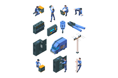 Electrician working. Isometric people in uniform making safety electri