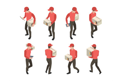 Delivery characters. Couriers with packages boxes cargo service worker