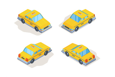 Taxi cars. Yellow service vehicles passenger machines isometric variou