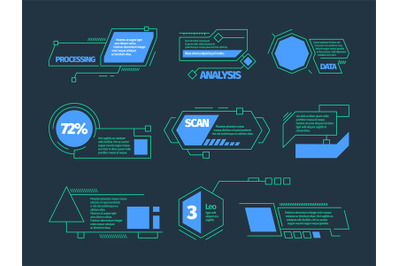 Hud callouts. Future technology frames tech bars boxes vector digital