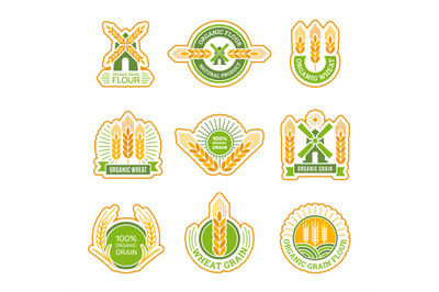 Wheat badges. Field grain farm fresh flour products circle labels vect