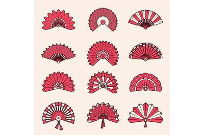 Hand fan. Japanese authentic symbols chinese draw vector beauty shapes