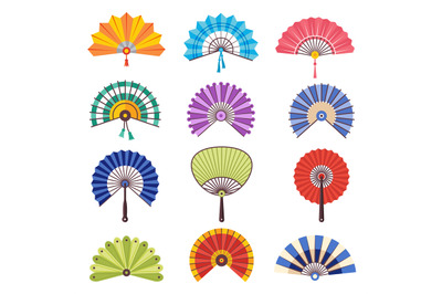 Colored hand fan. Asian beautiful paper traditional craft fashionable