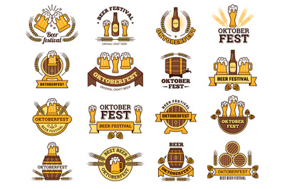 Oktoberfest logo. Traditional beer festival emblems with alcoholic dri