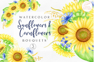 5 Watercolor Sunflower Bouquets with Cornflowers PNG Clipart