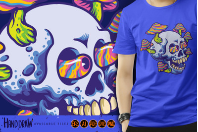 Fungus Trippy Magic Mushroom Skull Illustration