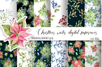 Christmas Digital Paper Patterns, Poinsettia Seamless Patterns