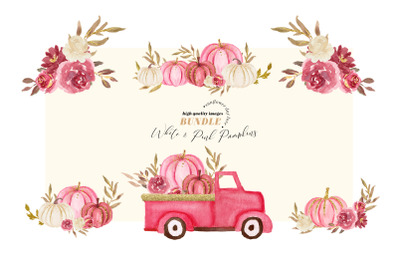 Pink Pumpkin Truck Floral Bundle Clipart