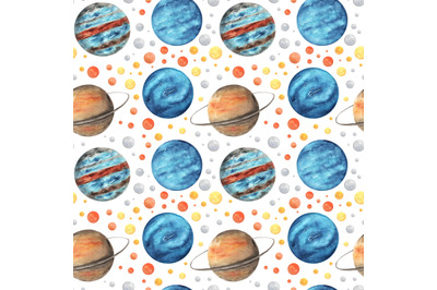 Space watercolor seamless pattern. Planets. Jupiter, Saturn, Uranus.