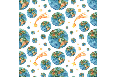 Earth planet watercolor seamless pattern. Space, solar system, comet.