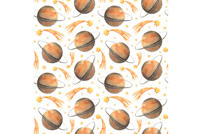 Saturn watercolor seamless pattern. Planet, space, solar system, comet