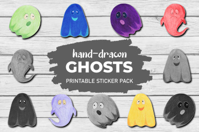 Halloween Ghost Printable Sticker Pack Drawn by Colored Pencils