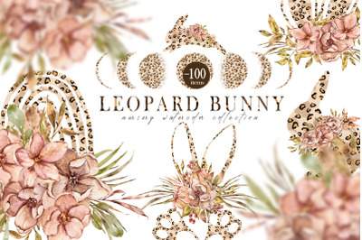 Floral watercolor Easter leopard bunny collection