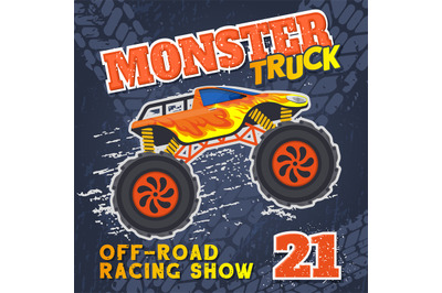 Monster heavy truck with huge tires extreme sport race poster. Large w