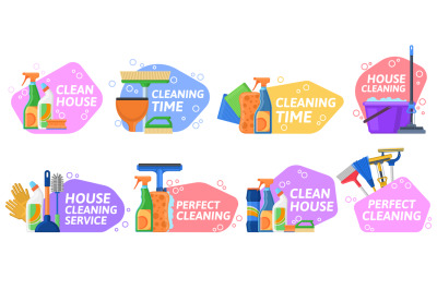 House cleaning services, household equipment emblems. Housekeeping sup