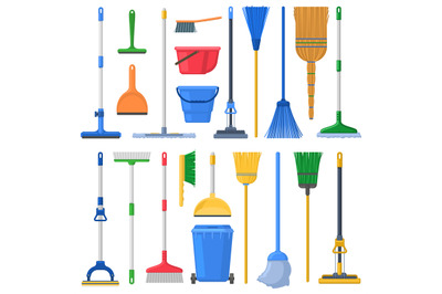 Household cleaning mops, broom, sweeps, scoops and plastic buckets. Cl