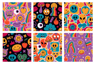 Funny cute comic stickers characters abstract seamless patterns. Carto