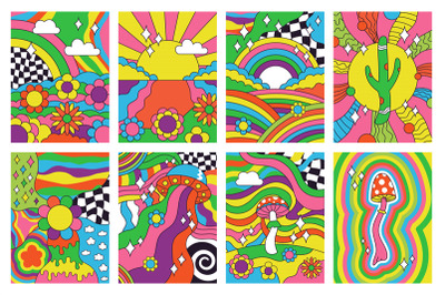 Groovy retro vibes, 70s hippie style psychedelic art posters. Abstract