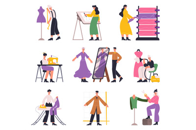 Tailors, fashion designers, atelier seamstress and dressmaker characte