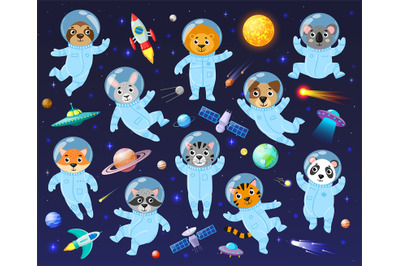 Cartoon space cosmonaut animals, cute animal astronauts. Galaxy space