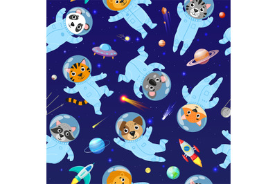 Cartoon space animals cosmonauts, astronauts seamless pattern. Cute sp