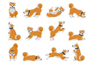 Cartoon akita dog daily routine, puppy pet walking, sleeping and howli