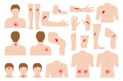 Cartoon physical injured hurt human body parts. Body pain&2C; physical in