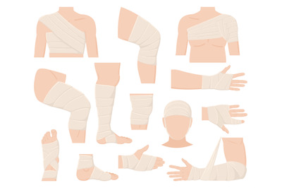 Cartoon physical injured body parts in bandage applications. Bandaged