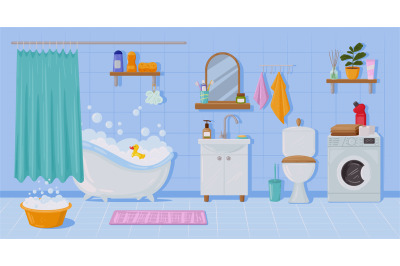 Cartoon apartment bathroom interior, bathtub and sink. Toilet, washing