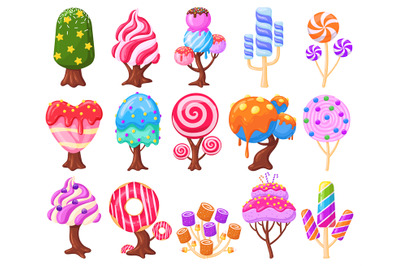 Cartoon fantasy sweet candy land caramel trees. Fantasy nature, game d