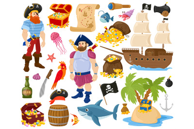 Cartoon pirates, sea fish, treasure chest, marine ship. Pirate sailor