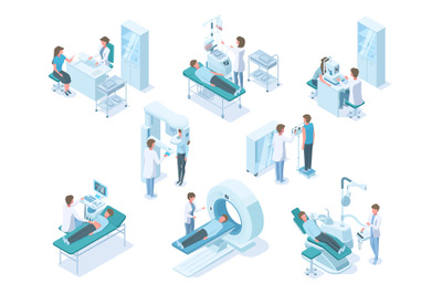 Isometric doctors and patients with hospital medical diagnostic equipm