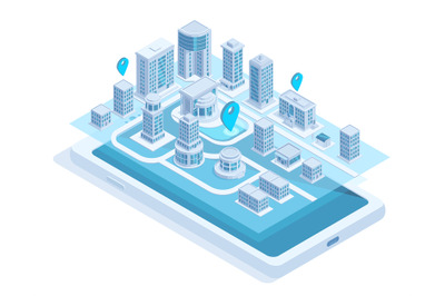 Isometric city map mobile navigation on smartphone screen. Modern smar