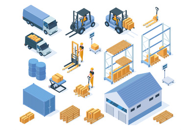 Isometric warehouse storage delivery logistic services elements. Wareh