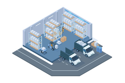 Isometric storage building, modern warehouse interior. Storage forklif