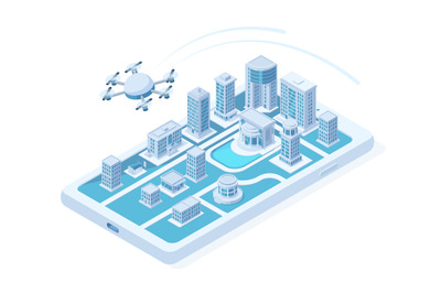 Isometric drone aerial delivery, quadcopter digital innovation concept